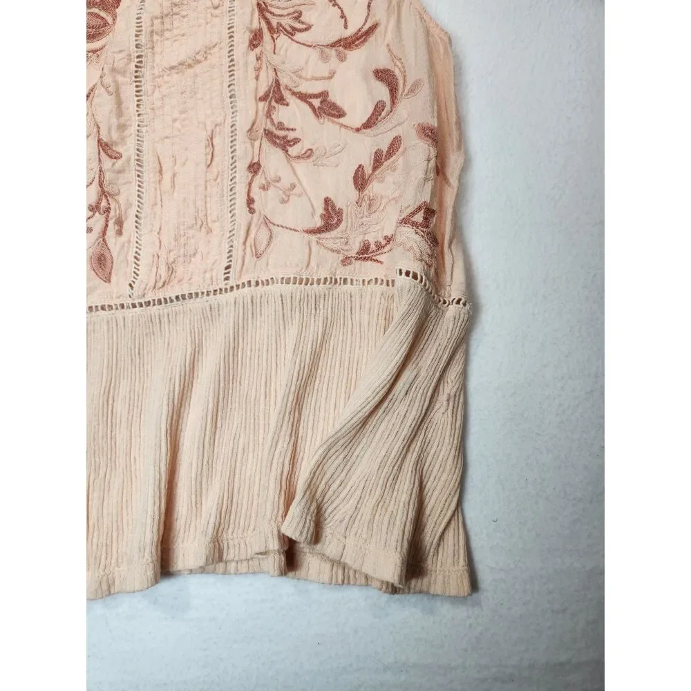 Lucky Brand Embroidered Peplum Tank Top Blush Pink Boho Pintuck Sleeveless XL